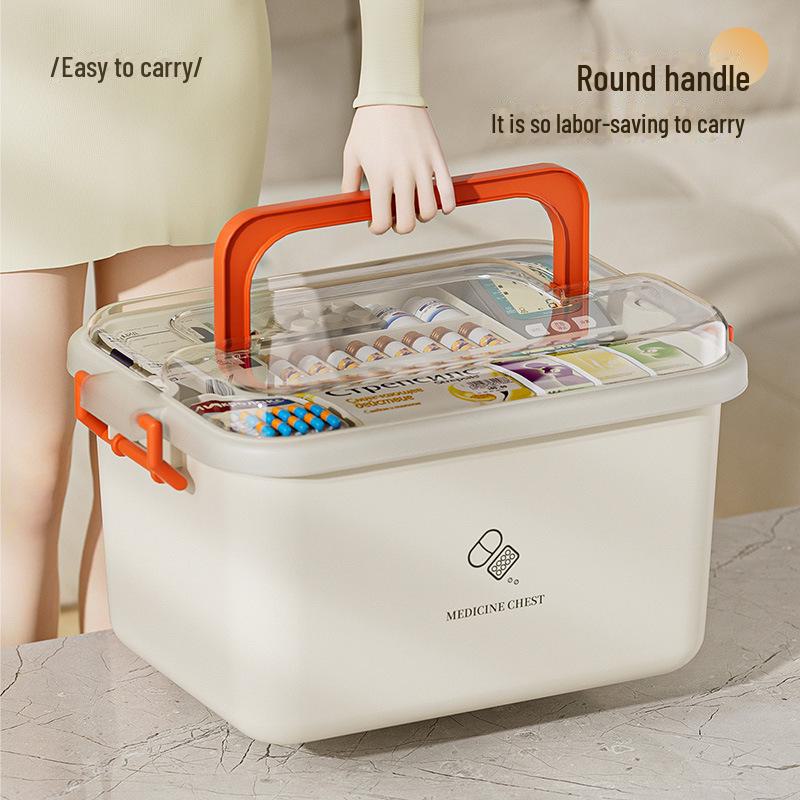 Вместительная переносная аптечка с многоуровневыми отделениями для хранения предметов первой помощи и средств экстренной помощи.