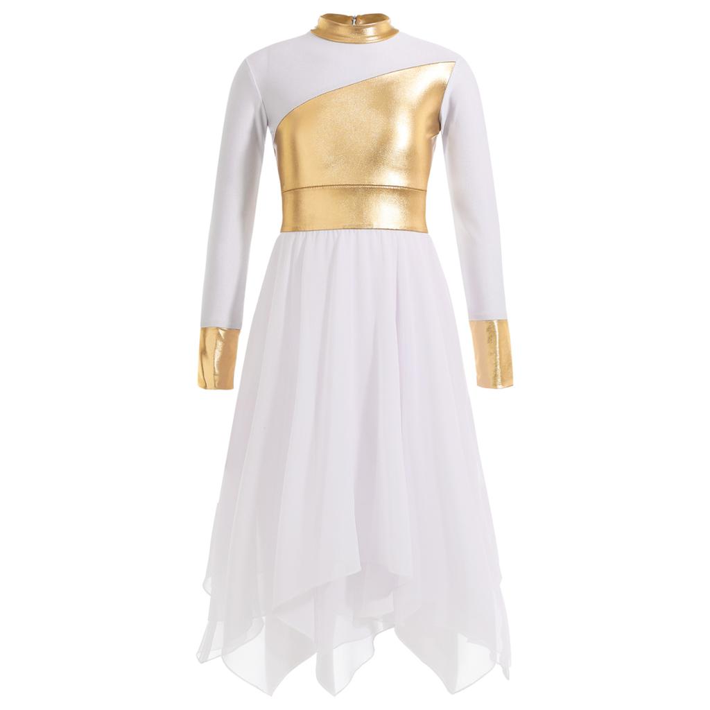 Детское блестящее металлизированное платье-туника с длинными рукавами для девочек, асимметричное платье-туника, лирический костюм для современного танца