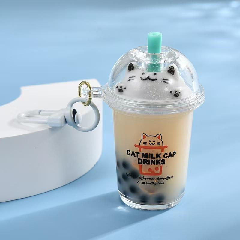 1/5Pcs Cat's Pearl Milk Tea Keychain Sand Bottles Car Key Chains Creative And Cute Milk Tea Cups Pendant Bag Decoration