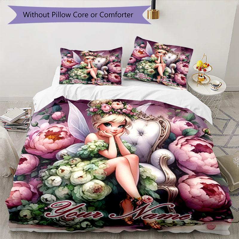 3PC Custom Name Fairy Flower Garden Bedding Set Printed Bedding Set Duvet Cover Closure Includes 1 Duvet Cover & 2 Pillowcases for All Seasons Bedroom
