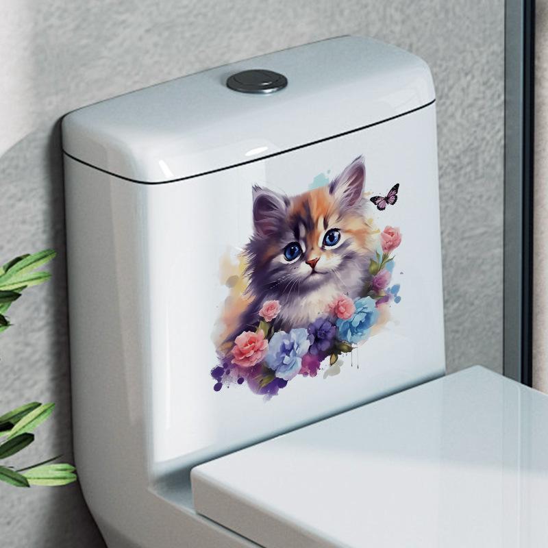 Милые наклейки на стену с котами, акварельные животные, цветы, водонепроницаемые наклейки, наклейки для ванной и туалета KTY