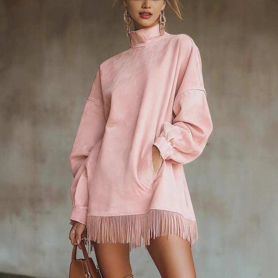 Новое платье с высоким воротником, из искусственной замши, винтажное, свободного кроя, с карманом, кисточками и длинным рукавом