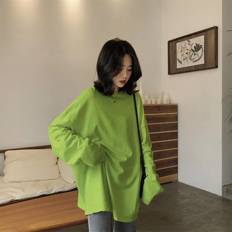 Spring Autumn Solid Simple Oversized T-shirts Harajuku Long Shirts Women Kawaii White Yellow Long Sleeve Tops