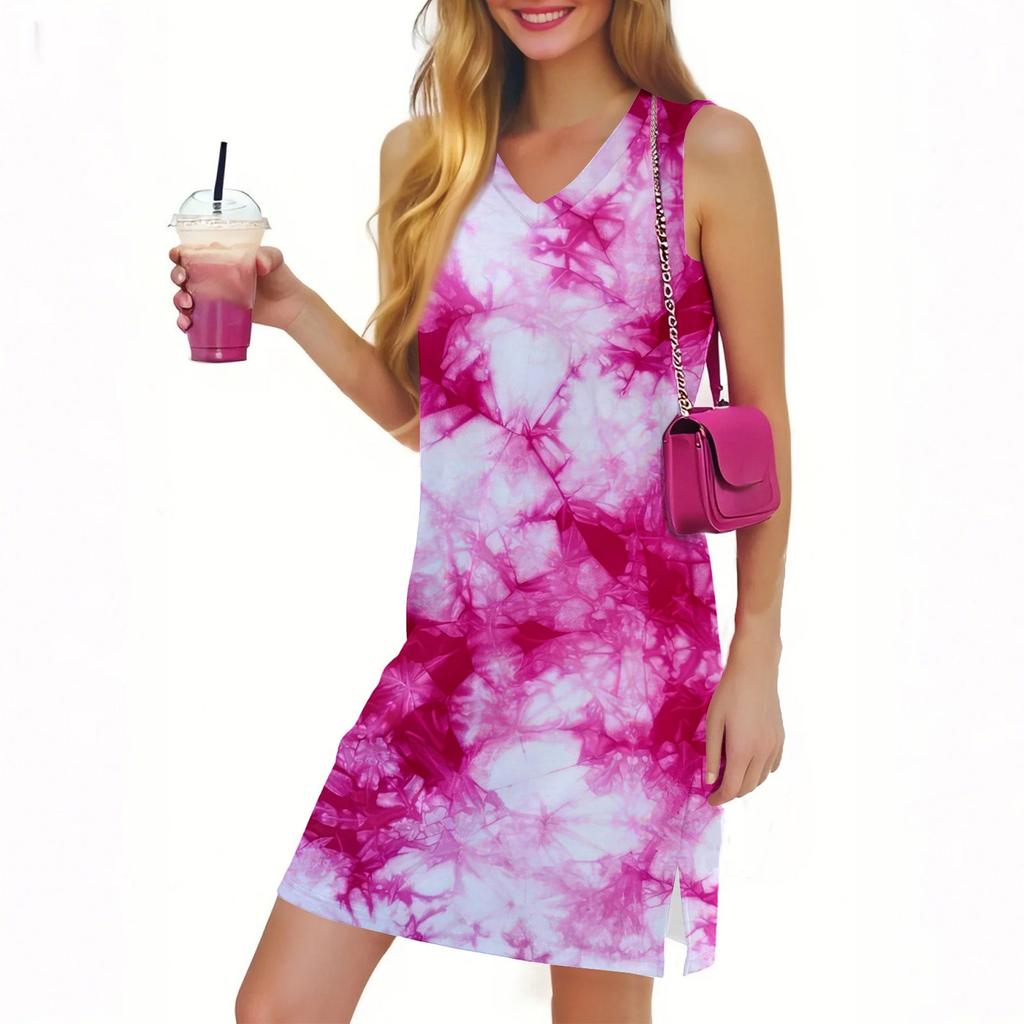 V-образный вырез Летнее повседневное пляжное платье для женщин Отдых Женский сарафан без рукавов с разрезом