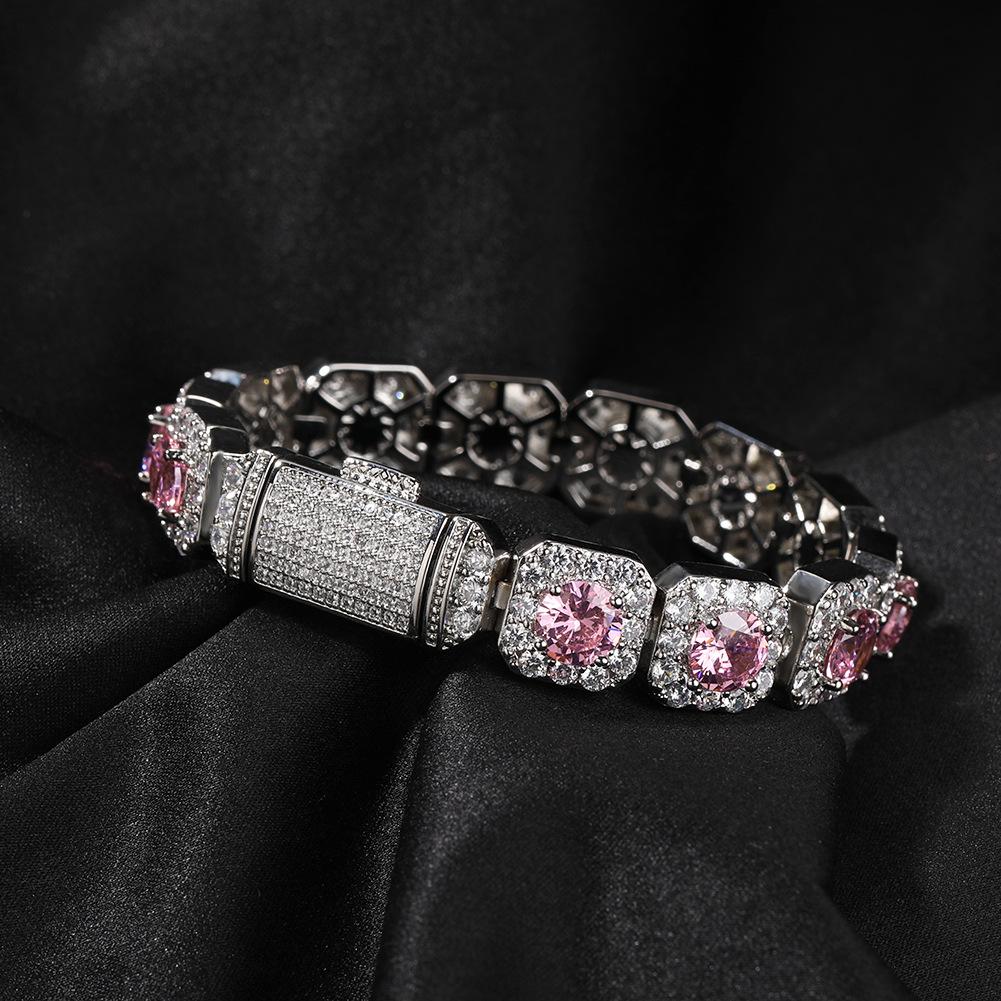 Hip-hop bracelet personalized trendy brand copper inlaid zircon color 12MM rock sugar flip buckle bracelet, same for men and women