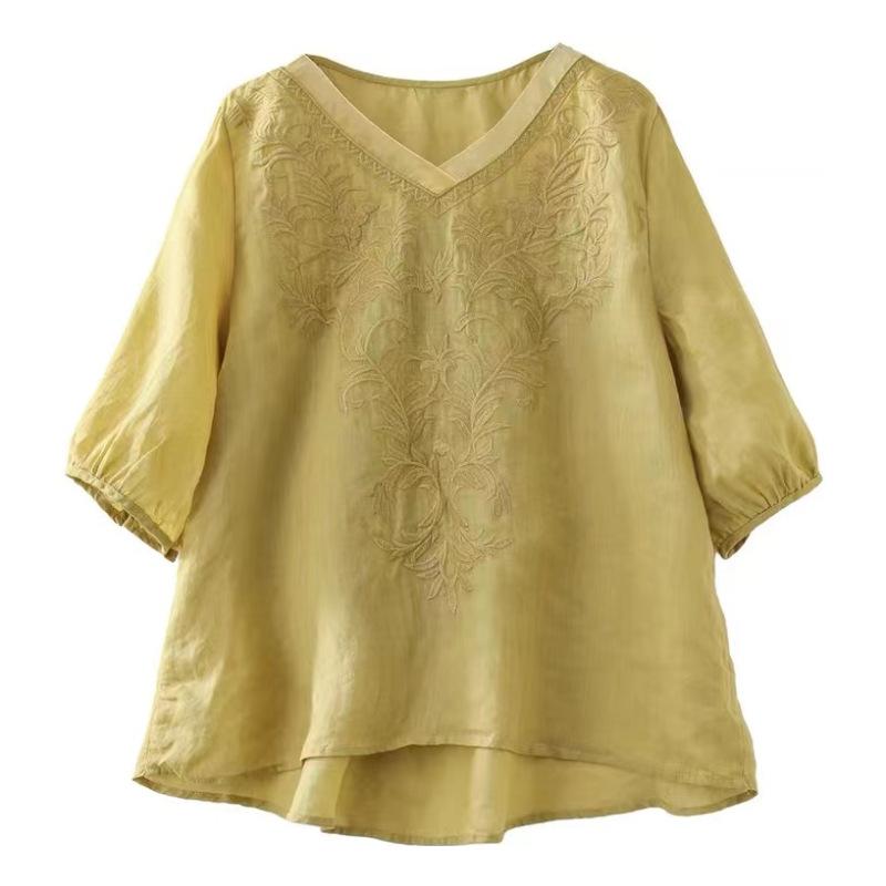 Хлопок Лен Женские Блузки Blusa Mujer Вышивка V-образный вырез Однотонные Винтажные Женская Одежда Рубашки Блузка Летняя Повседневная Camisas