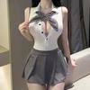 School Girl Costumes Student JK Uniform Bowknot Backless Top with Pleated Skirt Exotic Outfits Women Sexy Cosplay Lingerie