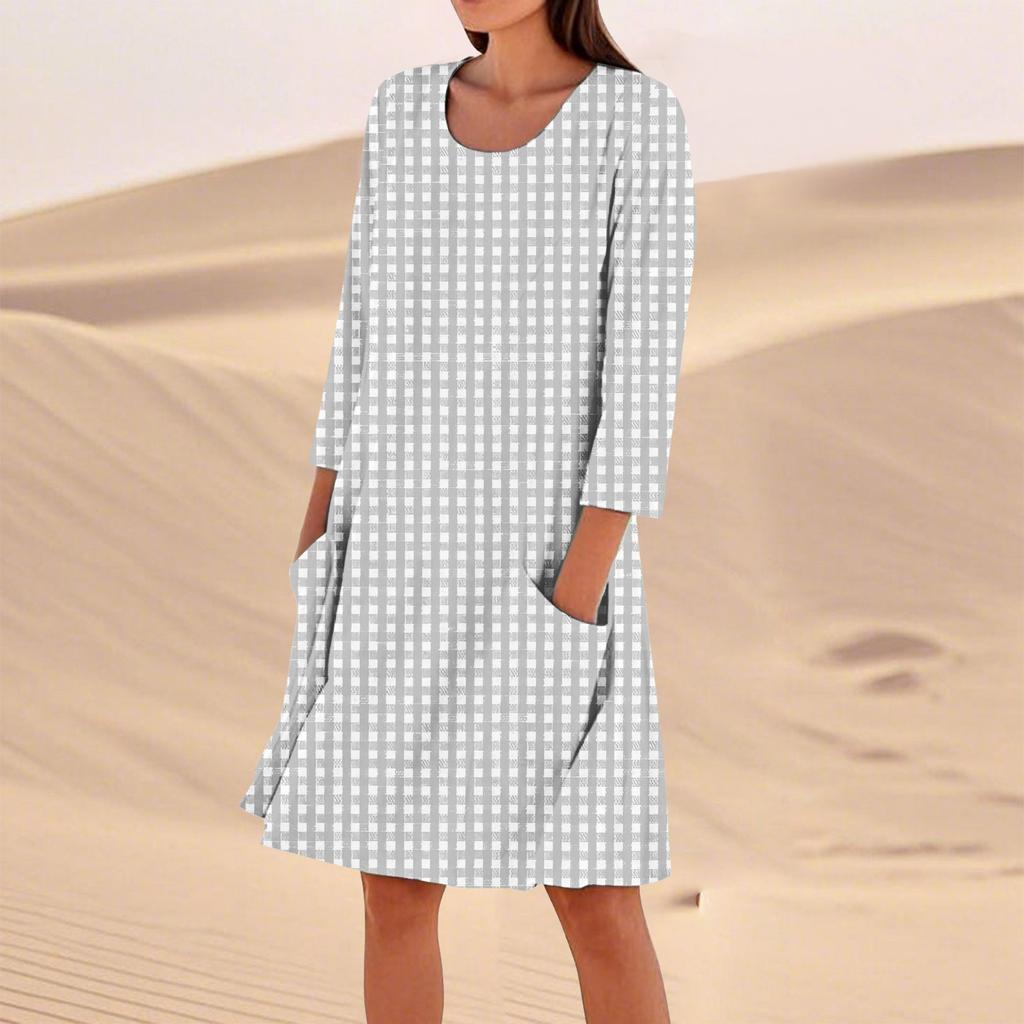 Женское однотонное модное свободное повседневное платье с рукавом три четверти Женское модное свободное повседневное платье с принтом в горошек и рукавом три четверти