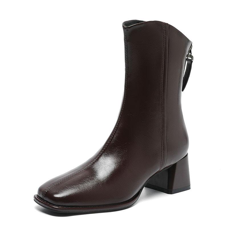 Короткие ботильоны на толстом каблуке женские 2024 новые ботильоны средней высоты диагональные коричневые французские маленькие короткие ботильоны квадратный носок высокий каблук тонкие ботильоны