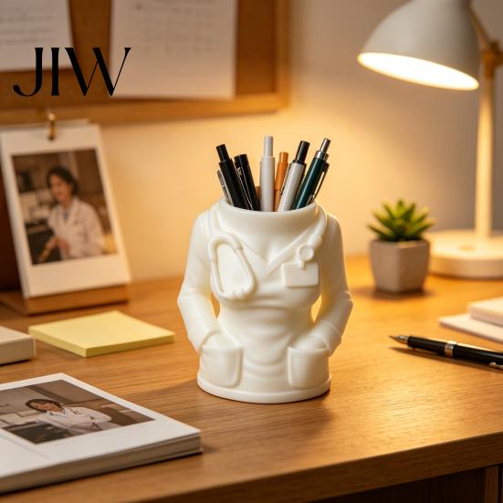 Unique Work Desk Ornament Doctor Nurse Shape Pen Holder, 3D Print Resin Stationery Organizer, Stethoscope Decoration with Weighted Base, Large