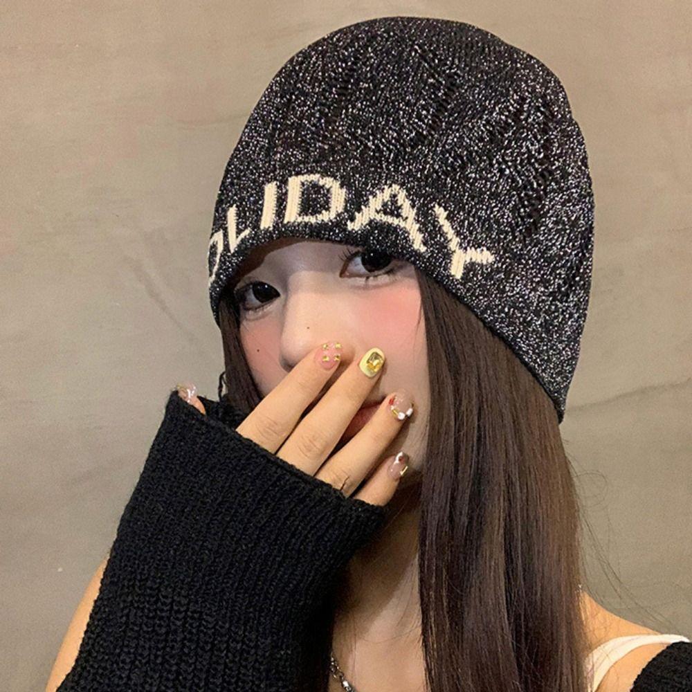 Cool Letter Beanie Hat Hollow Knitted Pullover Hat Punk Woven Cap Streetwear