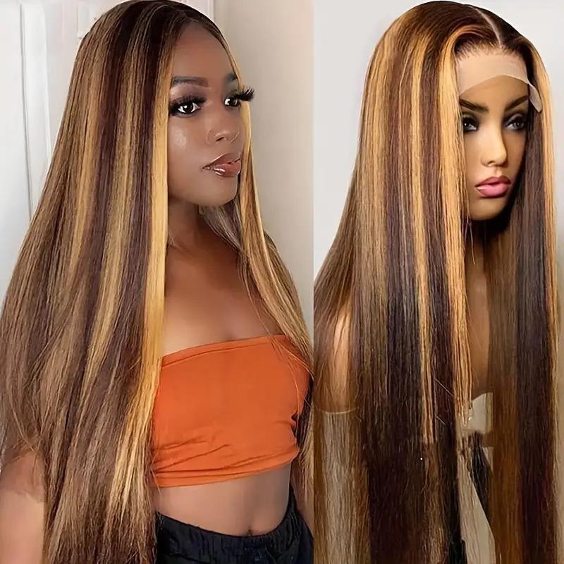 New female medium point piano color long wig, front lace wig full headgear, fashionable and natural