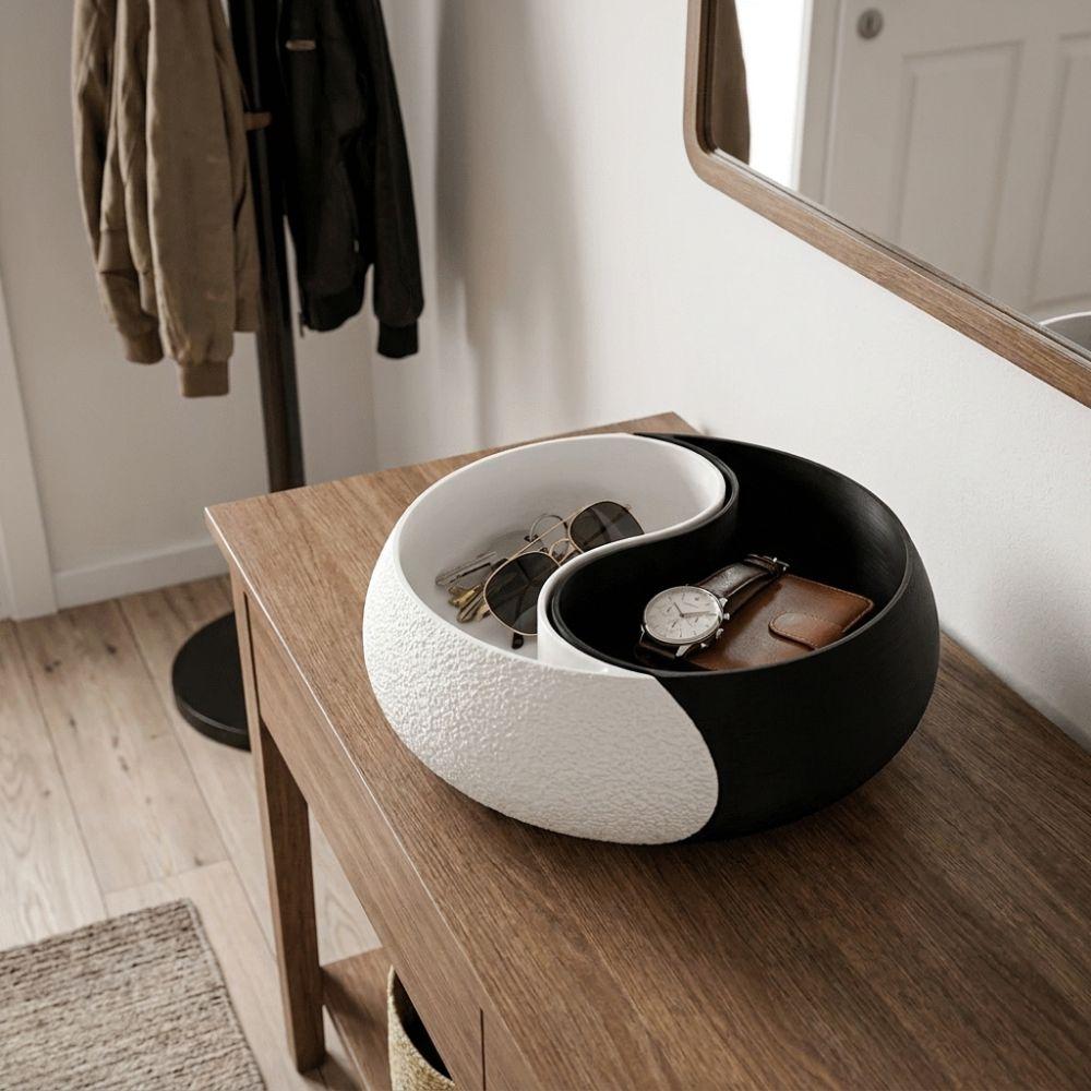 Flat Bottom Black and White Storage Bowl Layered Design Jewelry Tray Nut Serving Bowl Zen Decor