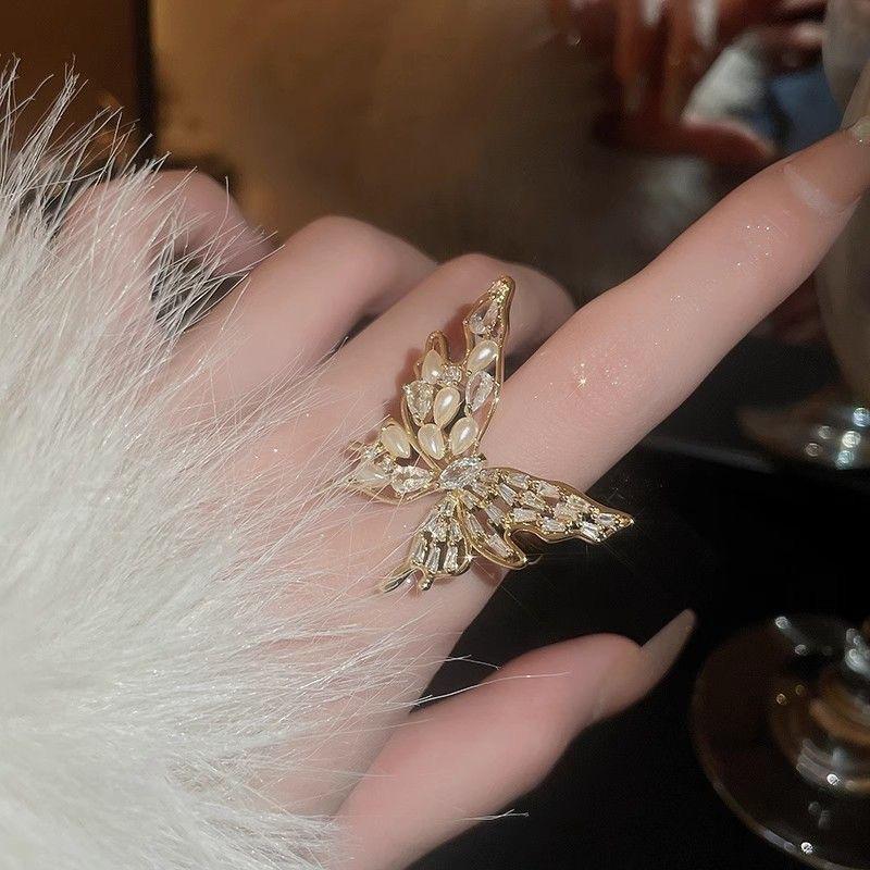 Butterfly pearl ring open ring temperament niche design high sense index finger ring fashion versatile accessories