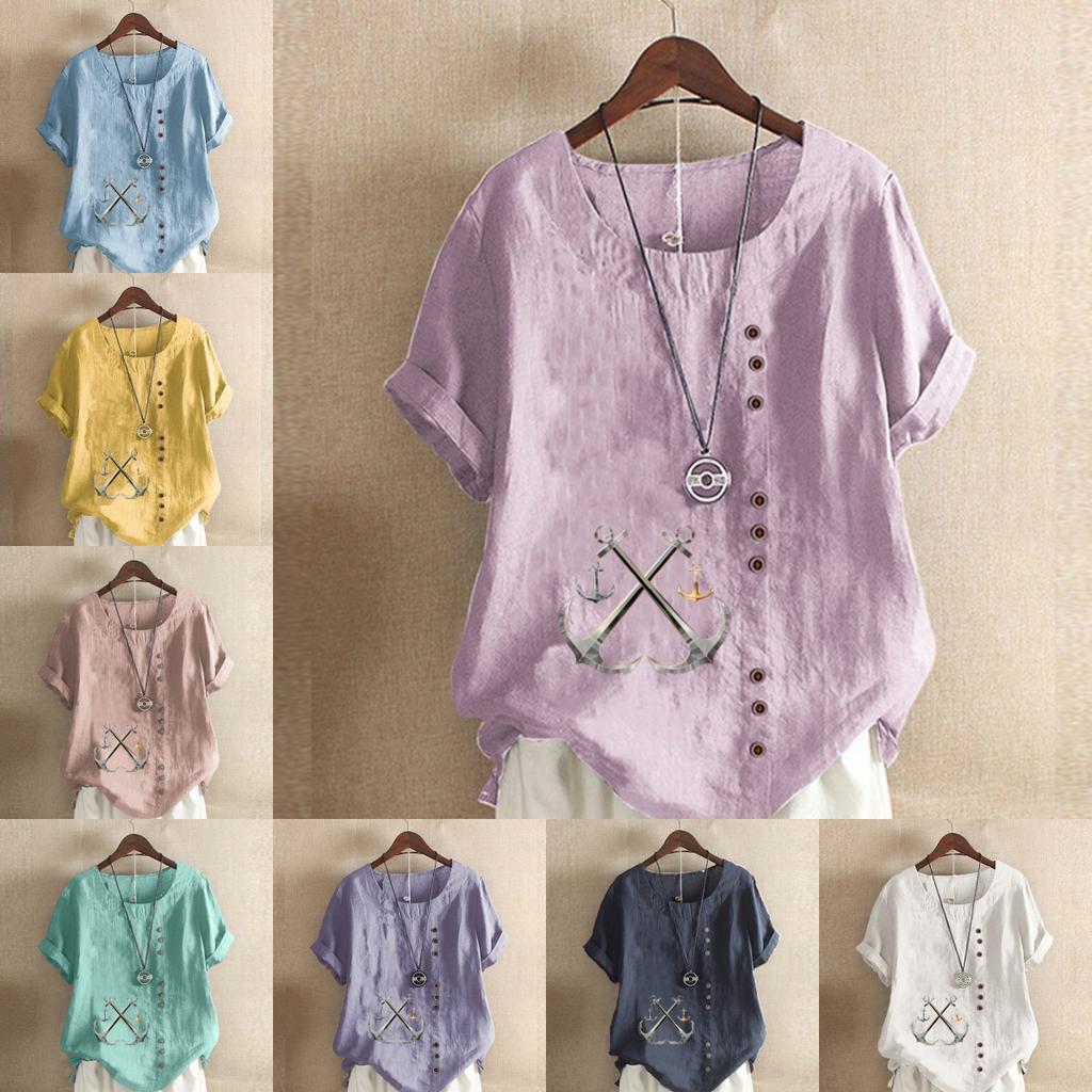 Women's Fashion Round Neck Short Sleeve T-shirt Casual Cotton Linen Graphic Shirt Hook Prined Summer Blouse Tops Plus Size