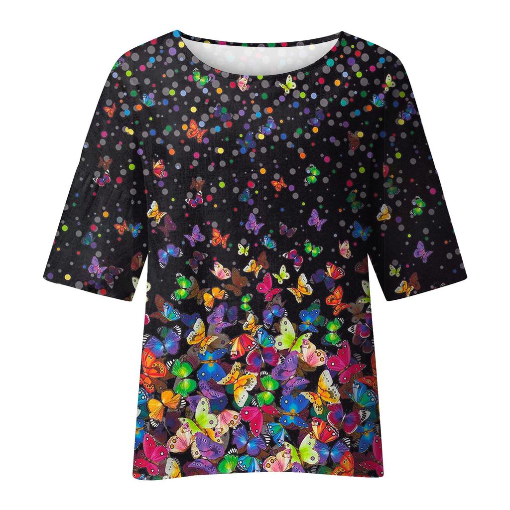 Women Summer Cotton Linen Tshirt Tops Printing Loose Fit Blouse 3/4 Sleeve Vintage Crewneck Plus Size Clothes