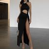 Women's Sexy Pure Black Cut Out High Slit Halterneck
