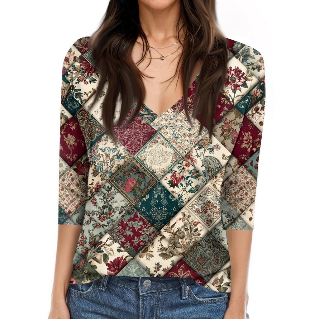 Women's T Shirt Print 3/4 Sleeve Daily Weekend Fashion Basic V- Neck Regular Top