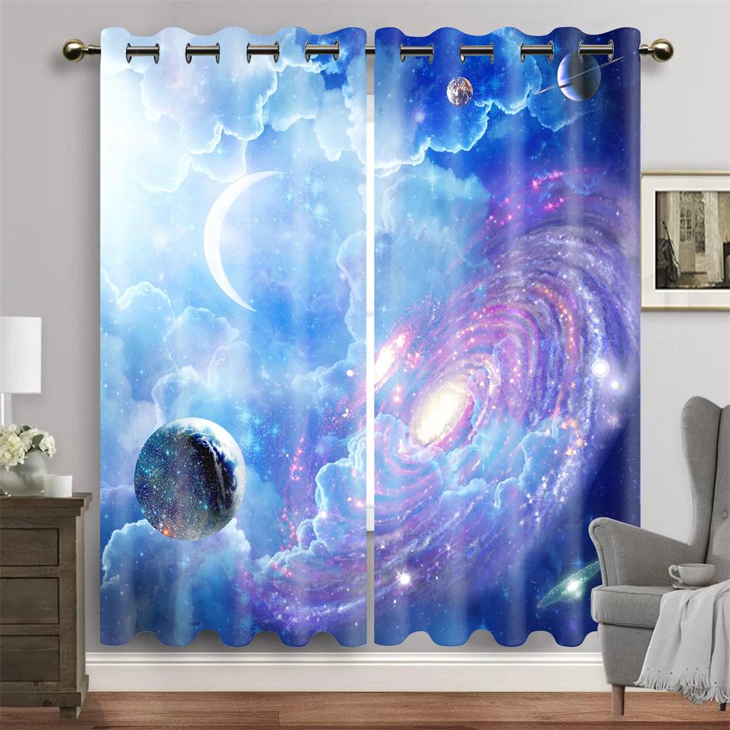 Purple Blue Galaxy Space Universe Stars Starry Window Curtains For Living Room Kids Bedroom Bathroom Kicthen Door Home Decor2Pcs
