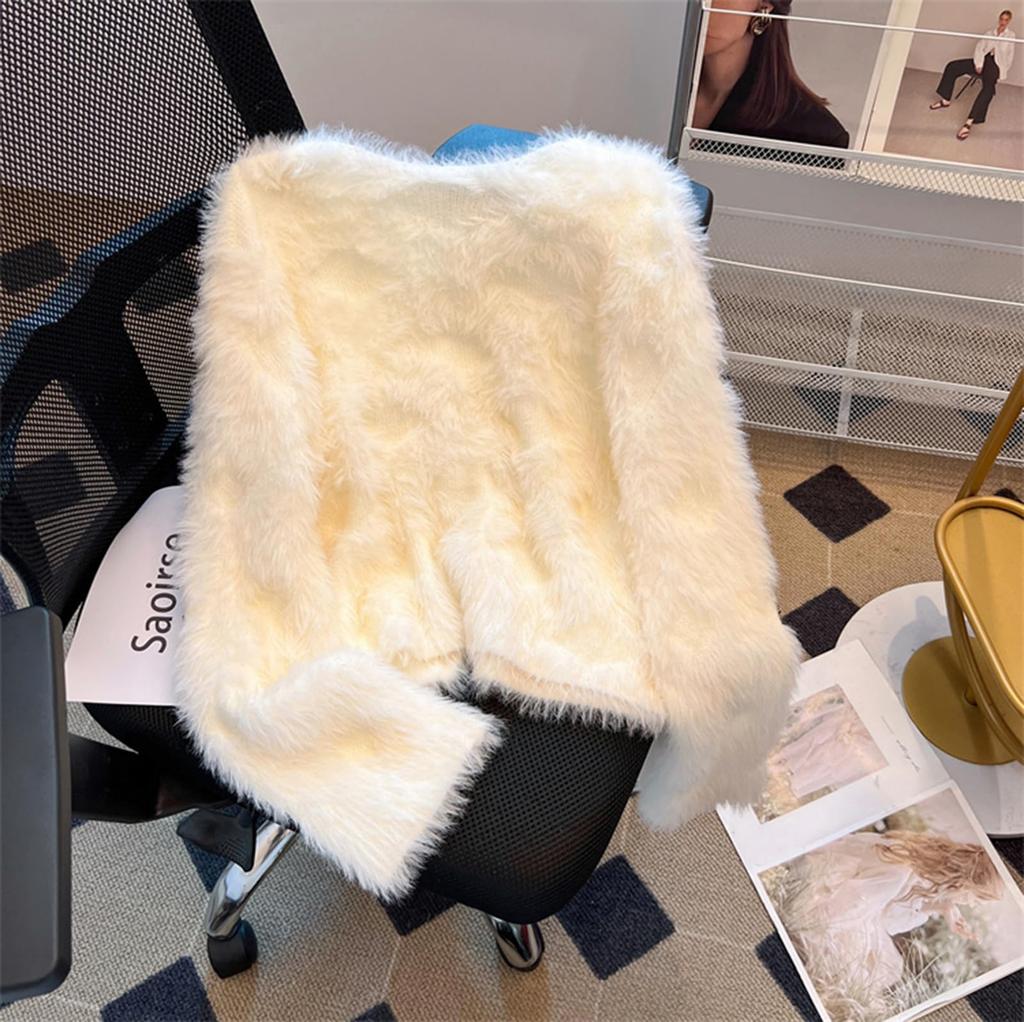 JIYUTOR Вязаный Кардиган с Мехом и Пушистым Длинноворсовым Мехом Свободного Покроя Идеально Подходит для Официальных Свадеб Женские Жемчуг, Пальто, Пуговицы с V-образным Вырезом, Посадка, (Свободный размер,