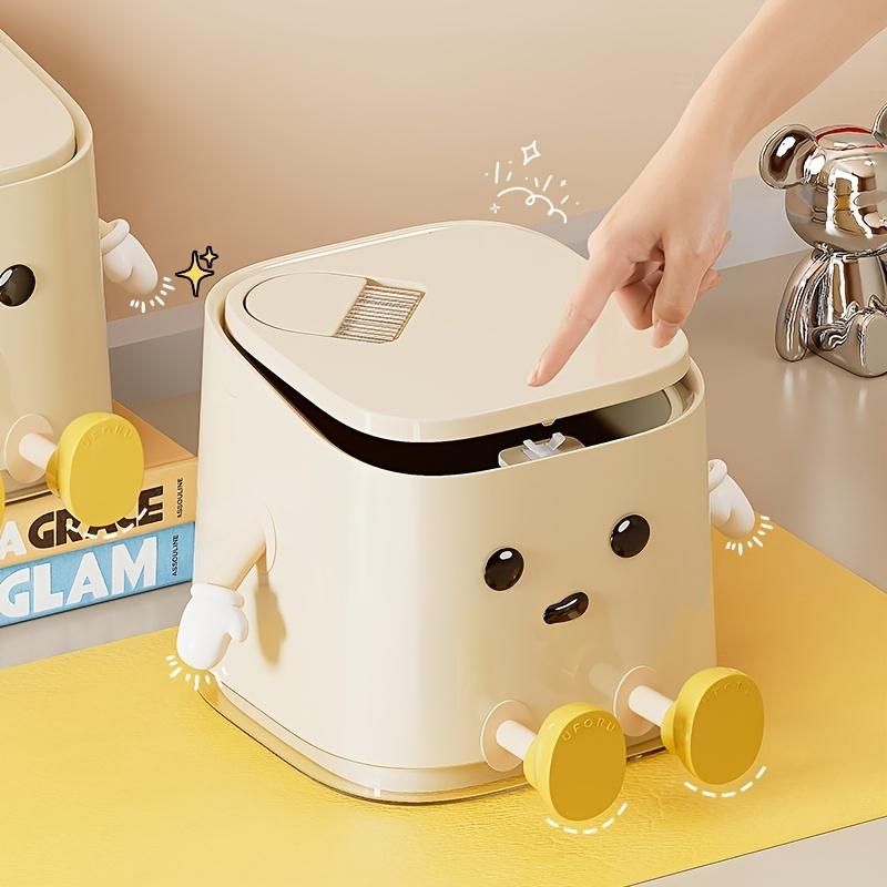 1 Pc Cute Push-On Mini Trash Can with Brush, Compact Desktop Trash Can, Storage and Cleaning Function 2 In 1