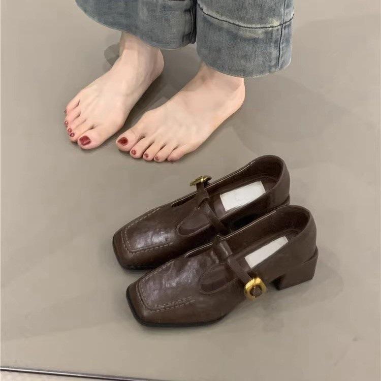 Французские ретро туфли на толстом каблуке с квадратной головкой женские весенние и осенние новые вечерние туфли корейской версии сказочные туфли на высоком каблуке Мэри Джейн маленькие кожаные туфли