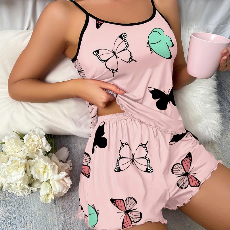 1 of 7 Butterfly Print Pajama Set for Women Sleeveless Crew Neck Top Elastic Waistband Shorts Comfortable Sleepwear and Loungewear