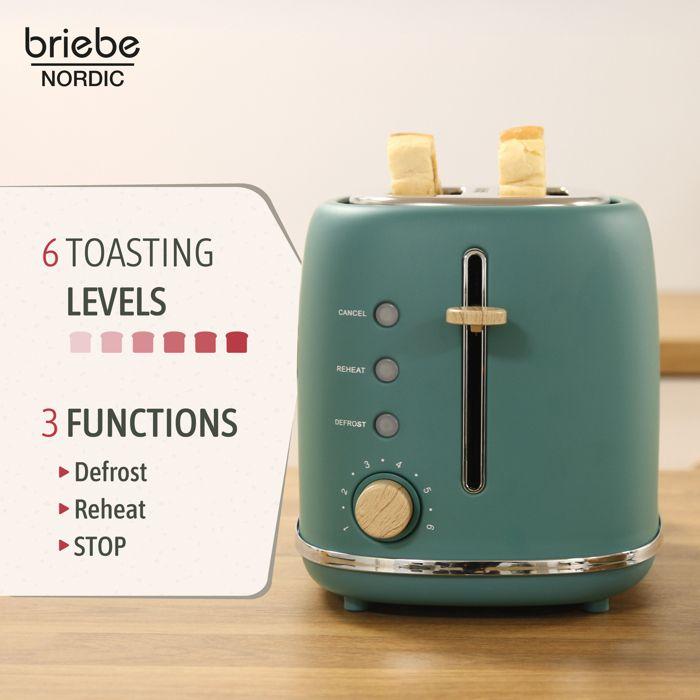 Nordic Grille Pain 2 Fentes, Tranches Larges, 6 Niveaux De Dorage, Décongélation Briebe TA1166GRE 870W Vert 03998