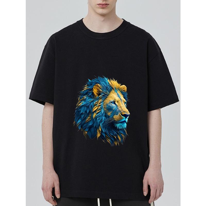 Lion Head Graphic T Shirt Black Blue and Yellow Lion Print Casual Wear for Men and Women Streetwear Fashion Unisex Top