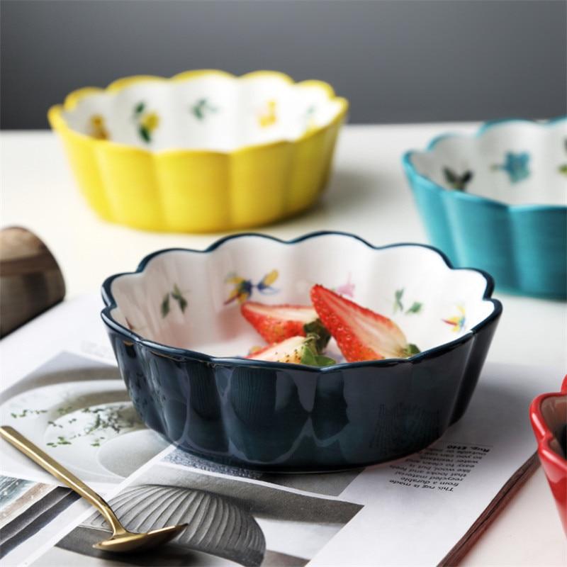 Скандинавская простая керамическая миска для торта с ручной росписью, красочная фарфоровая миска для супа с фруктами, кружевная миска для риса с закусками, посуда
