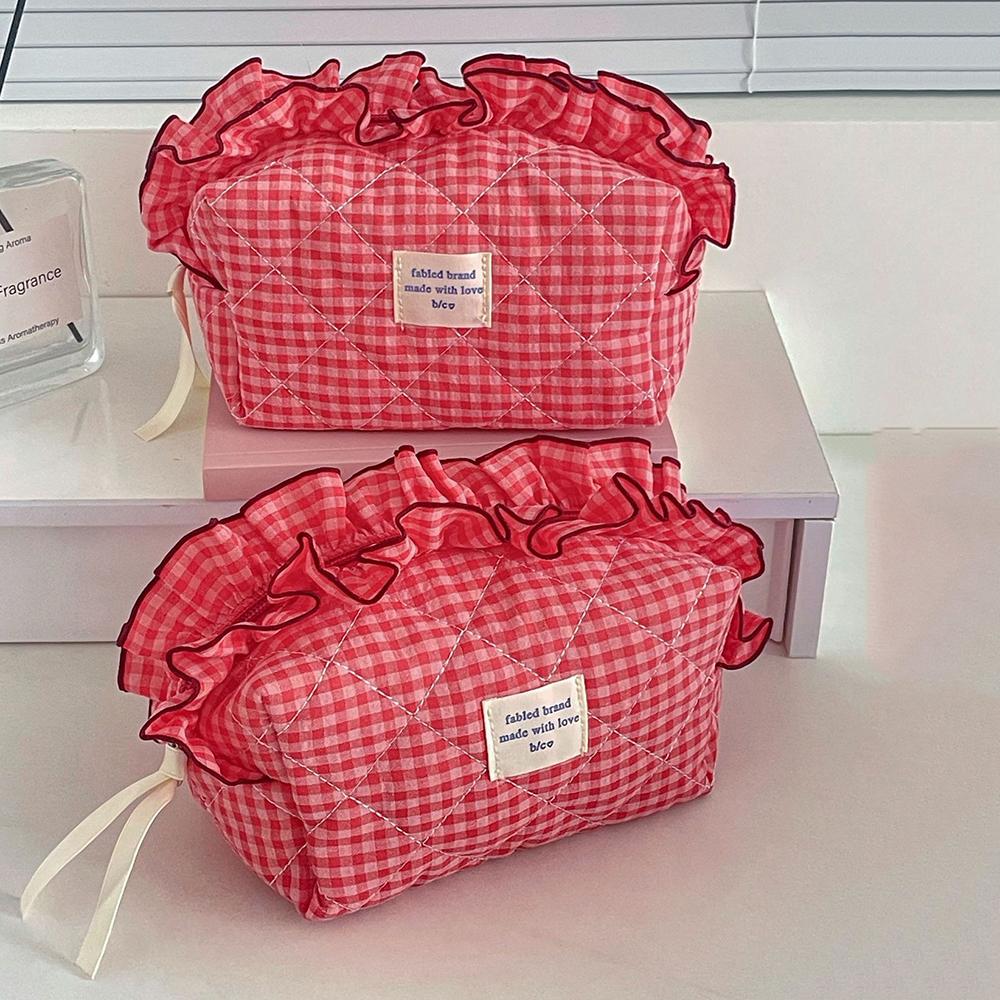 with Zipper Cosmetic Cases Plaid Pattern Toiletry Organizer Sweet Ruffle Makeup Bag Girl