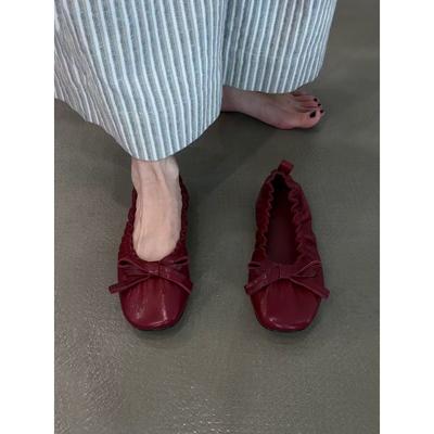 Версия из овчины~ ретро плиссированные туфли-балетки с бантом, туфли-лодочки на плоской подошве, женские, для работы, темпераментные, с мелким вырезом, одинарные туфли