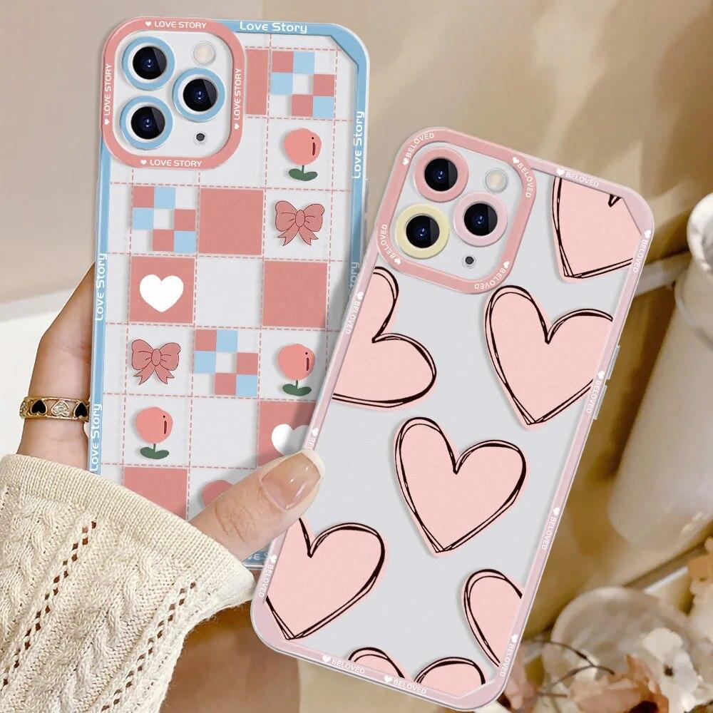 Милый розовый чехол для телефона с сердечком для iPhone 11, чехол для iPhone 15 14 13 12 Pro Max X XS XR 7 8 Plus 13 12 Mini SE, мягкий красочный чехол