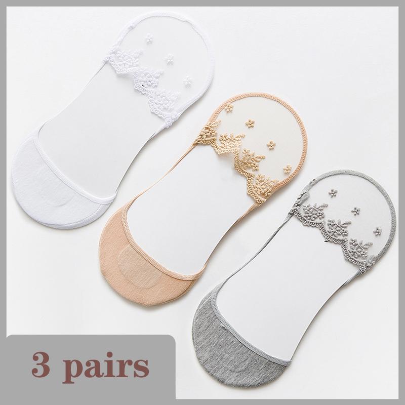 1/3 Pairs Summer Women Invisible Silicone Socks Summer Low Cut Liner Ankle Sock Ladies Lace Flower Soft Casual No Show Non-skid Boat Socks
