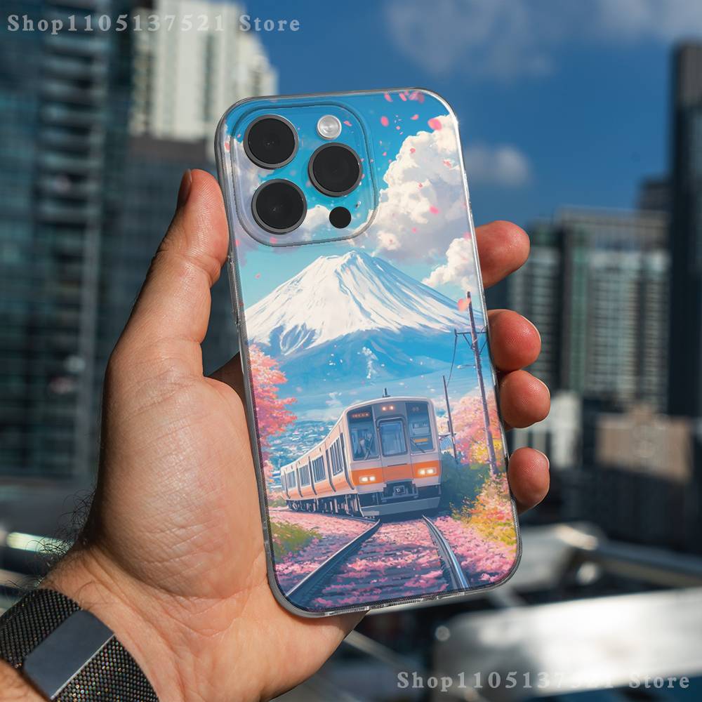 Cherry Art Blossom Train Phone Case For iPhone 17,16,15,14,13,12,11 Pro,Max,Plus,XR,Mini,E Clear Full-coverage Soft Cover