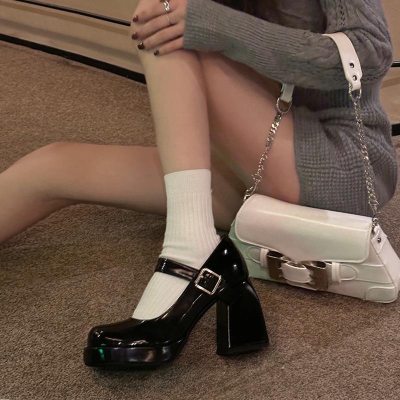Черные туфли на высоком толстом каблуке, новые туфли Мэри Джейн с пряжкой на ремешке, туфли-лодочки с открытым верхом, женские туфли с круглым носком