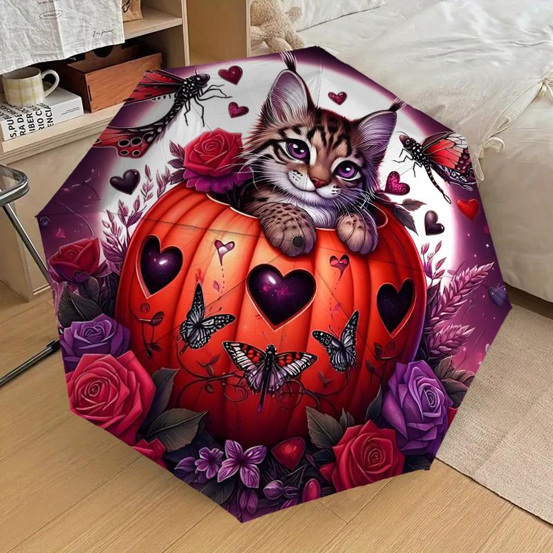 1pc Halloween Pumpkin Cat Automatic Open/Close Umbrella, Folding Compact Umbrella with Lightweight Design for Women/Men yy251011087