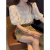 Summer Fashion Square Neck Lace Women Blouse Casual Sweet Loose Puff Short Sleeve Tops Solid Color Elegant Casual Hooked Flower Hollow Apricot Shirt