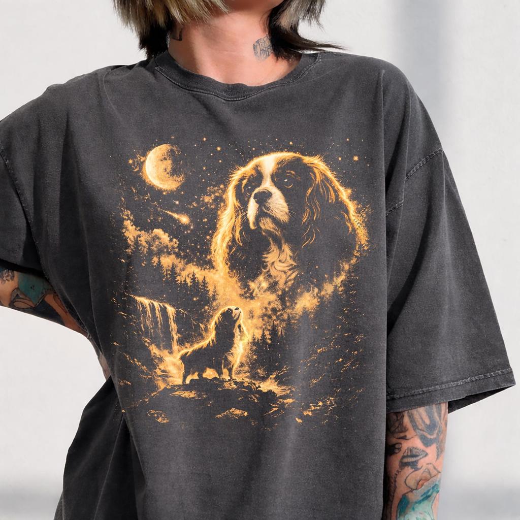 Cavalier King Charles Spaniel Howling Moon Graphic Tee, 90s Retro Dog Lover Shirt