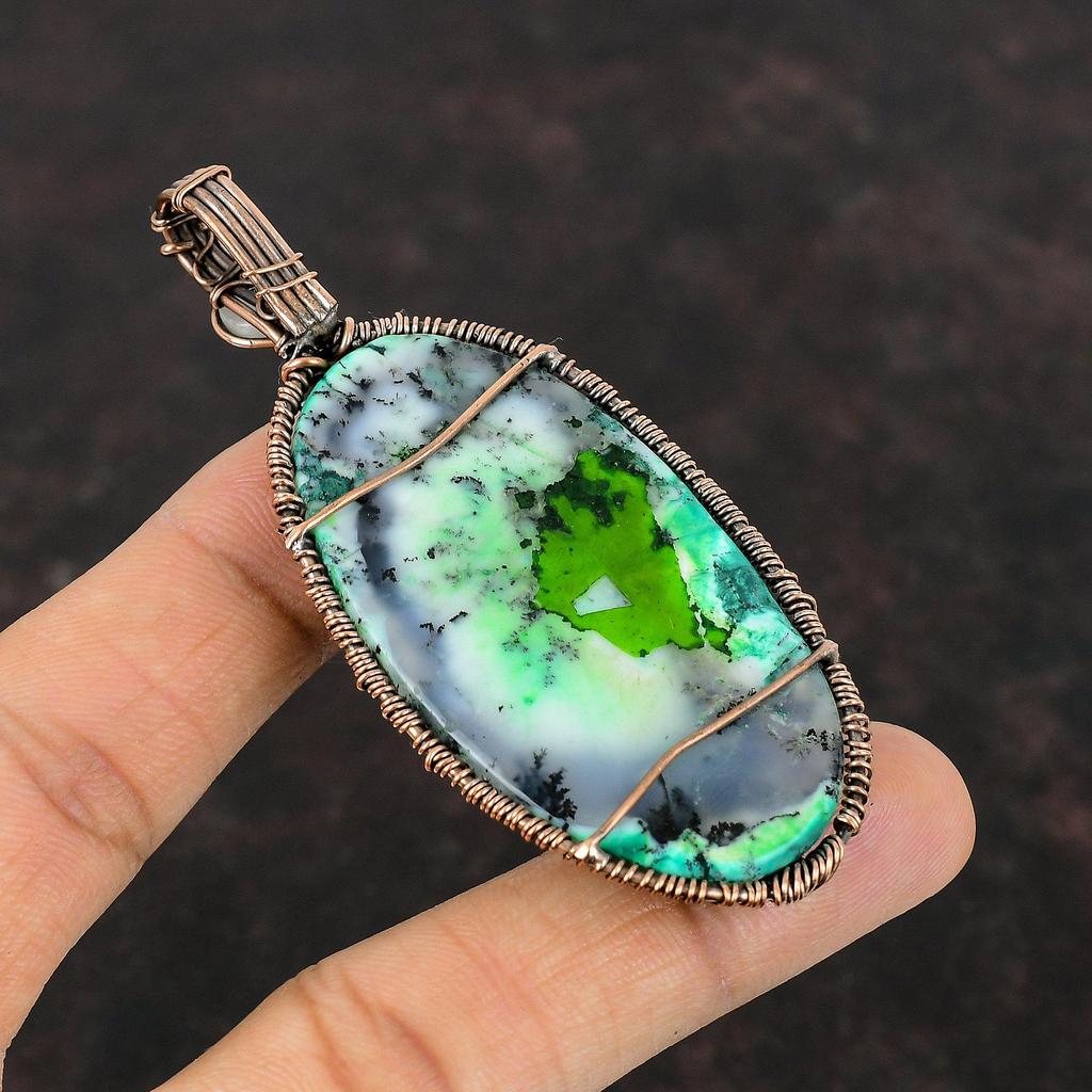 Подвеска из зеленого дендрита и опала «Дерево жизни», подвеска из медной проволоки, ювелирное изделие ручной работы, подвеска из радужного лунного камня, подвеска из настоящего драгоценного камня из меди