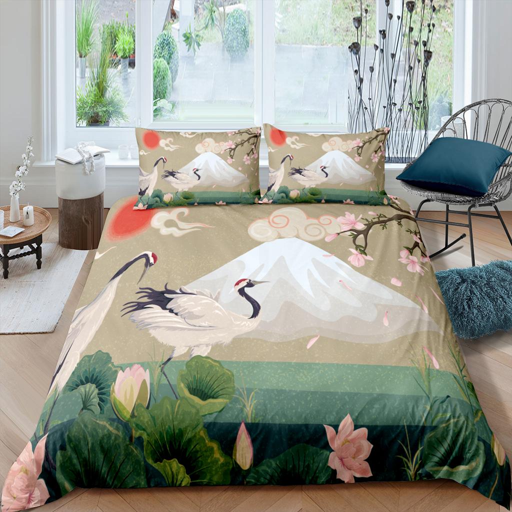 Пододеяльник с японским журавлем King Queen Size Wave Flower Ukiyo-e Style Комплект постельного белья Восточная культура 2/3 шт. Полиэстеровый пододеяльник