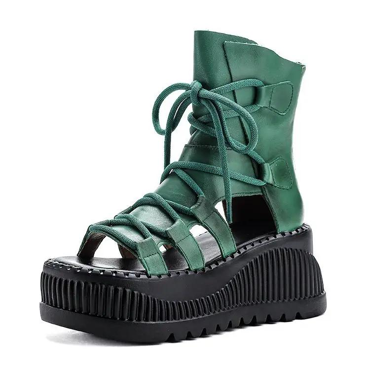 Модные 8 см Этнические Коровьи Натуральная Кожа Ботильоны Женские Полые Пикантный Носок Платформа Танкетка Дышащие Молния Летняя Мода Женская Обувь