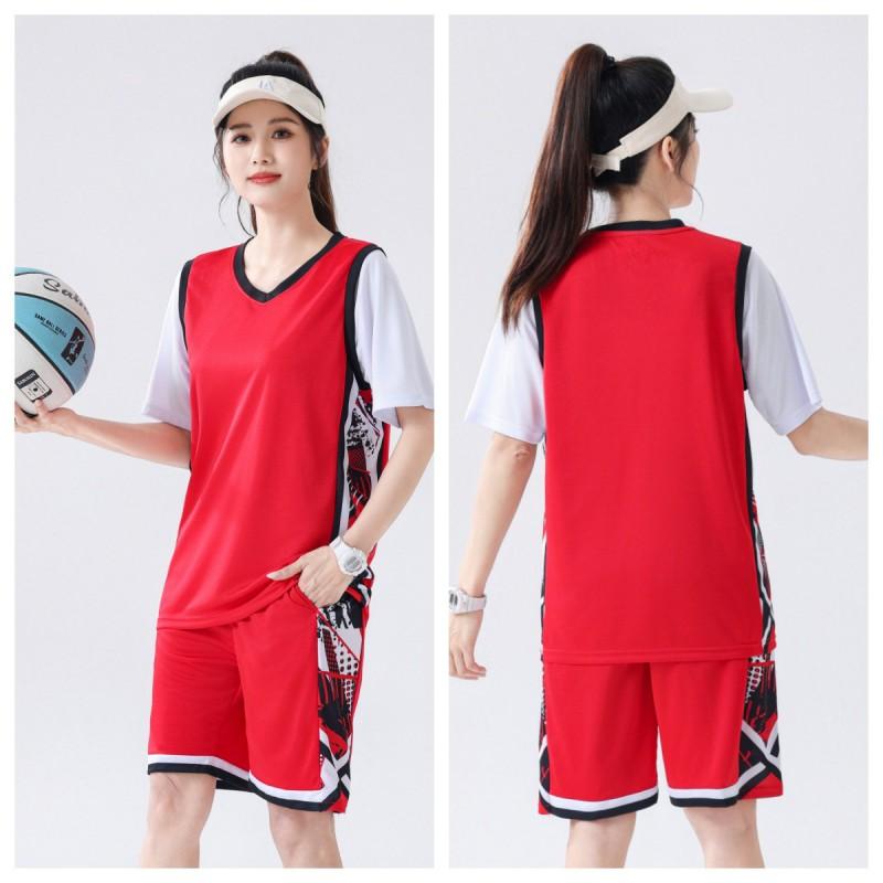 Womens Basketball Jersey Set Fake Two-Piece Short Sleeve Top Breathable Loose Fit Training Game Team Uniform