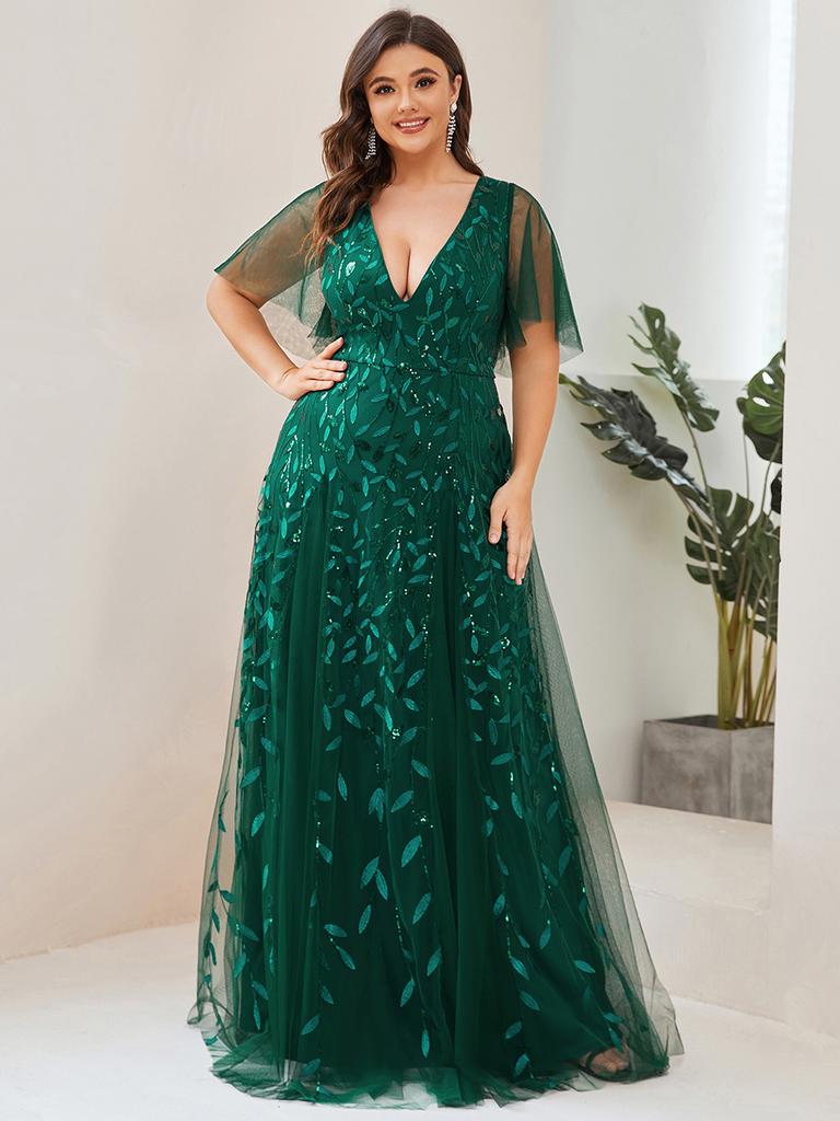 Ever-Pretty Womens Plus Size V Neck A Line Sequin Tulle Formal Dresses