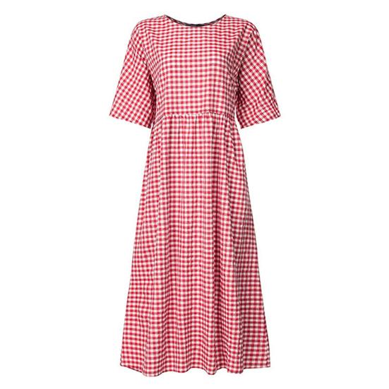 Summer Women Dress O Neck Check Print A-line Big Hem Short Sleeves Pleated Loose Pullover Commute Dating Maxi Dress Daily Long Dress