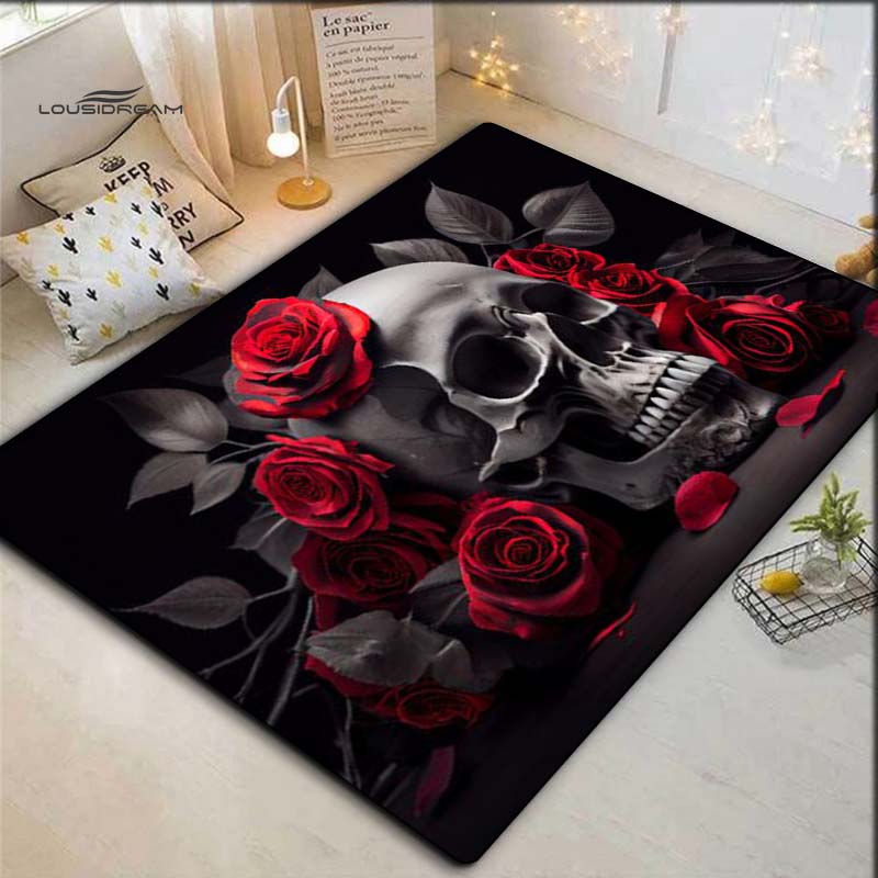 Skull With Red Rose Floral Print Area Rug Gothic Dark Art Non‑Slip Rectangular Floor Mat Horror Home Decor Rug for Gaming Room Living Bedroom