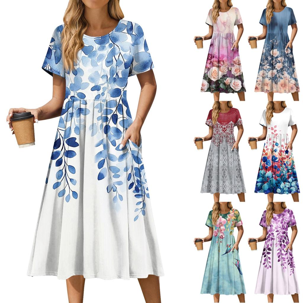 Women's Casual Cute Pattern Print Round Neck Midi Dress Basic Classic Outdoor Everyday Short Sleeve Loose Dress