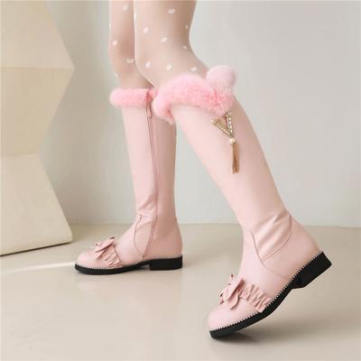 FOREADA Женские ботфорты до колена, с круглым носком, на плоской подошве, с заклепками, на молнии, с бантом, с металлической отделкой, длинные сапоги, женская модная обувь, зимние, розовые, 43