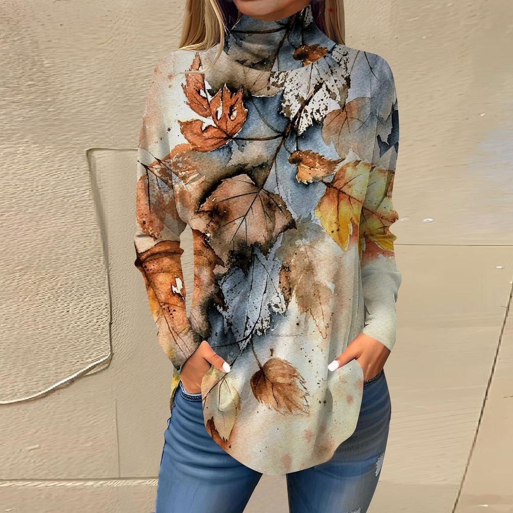 Tee Shirts For Women Fall Casual Long Sleeve Shirts Sweatshirt Vintage Printed High Neck Top Pullover