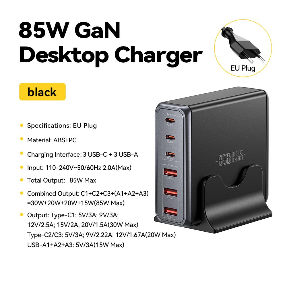 Essager 85W GaN Charger 6 Ports USB Type C Desktop Charger PD Fast Charging Station For iPhone 17/16/15 Samsung S24 Laptop iPad